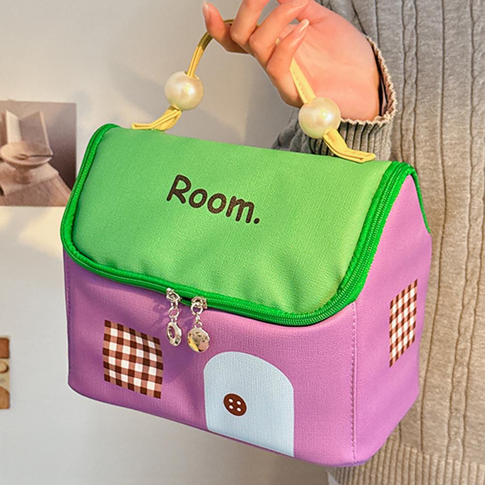 Portable Travel Cosmetic Bag with Niche Design & Cute Cartoon Pattern Storage Bags Style Large-Capacity Stylish House-Shaped Bag