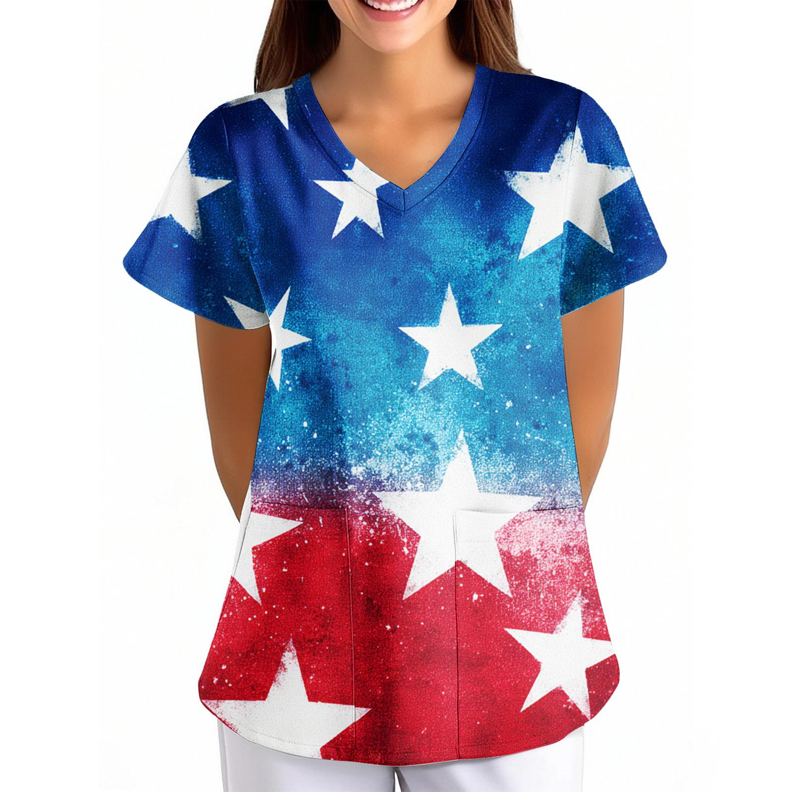 Women s Independence Day Printed Loose V-Neck Pocket Short-Sleeved Clothing M