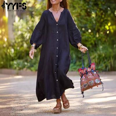 Kadın Modası İlkbahar Sonbahar Düz Renk Baskı Uzun Kollu V Yaka Bol Bel Günlük Elbiseler