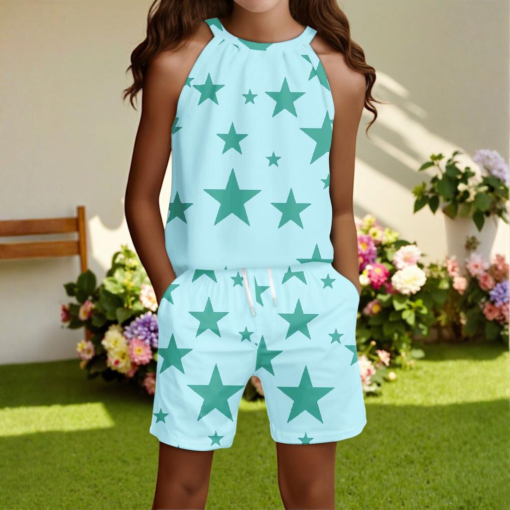 Children's Casual Fashion Round Neck Sleeveless  Top Shorts Set
