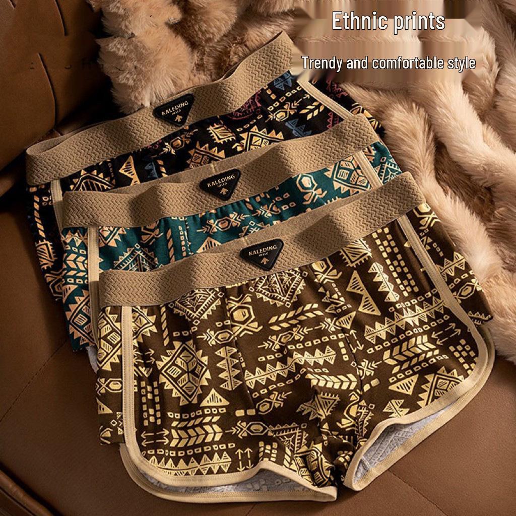 Retro Ethnic Men's Breathable Boxer Briefs, Trendy Cross-Border Plus Size (64-84CM)