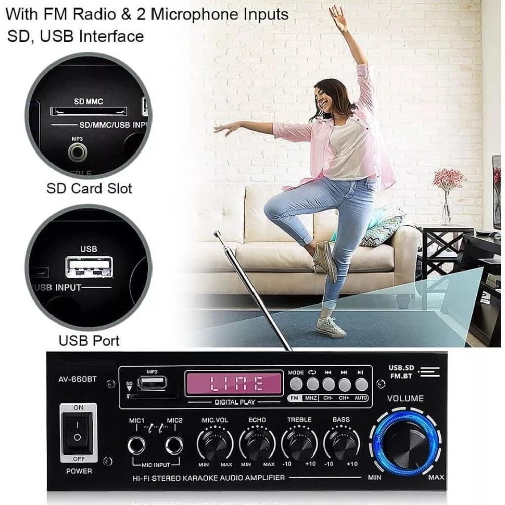1200W stereo amplifier, Bluetooth 5.0 power amplifier, dual-channel stereo receiver, mixer with 5-band equalizer, USB/SD input