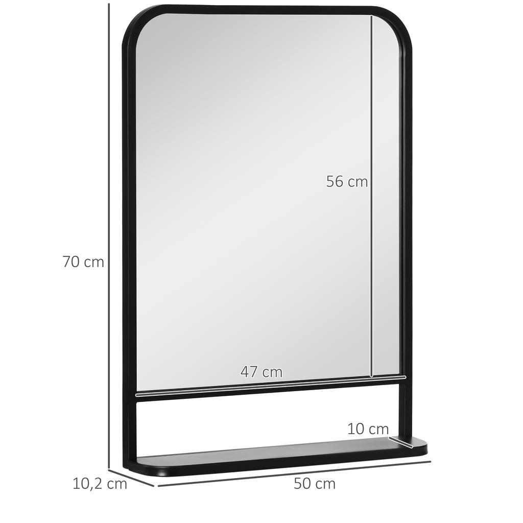Wall Mirror with Metal Frame, Rounded Edges, 1 Shelf, 70 Cm X 10.2 Cm X 50 Cm, Black + Silver