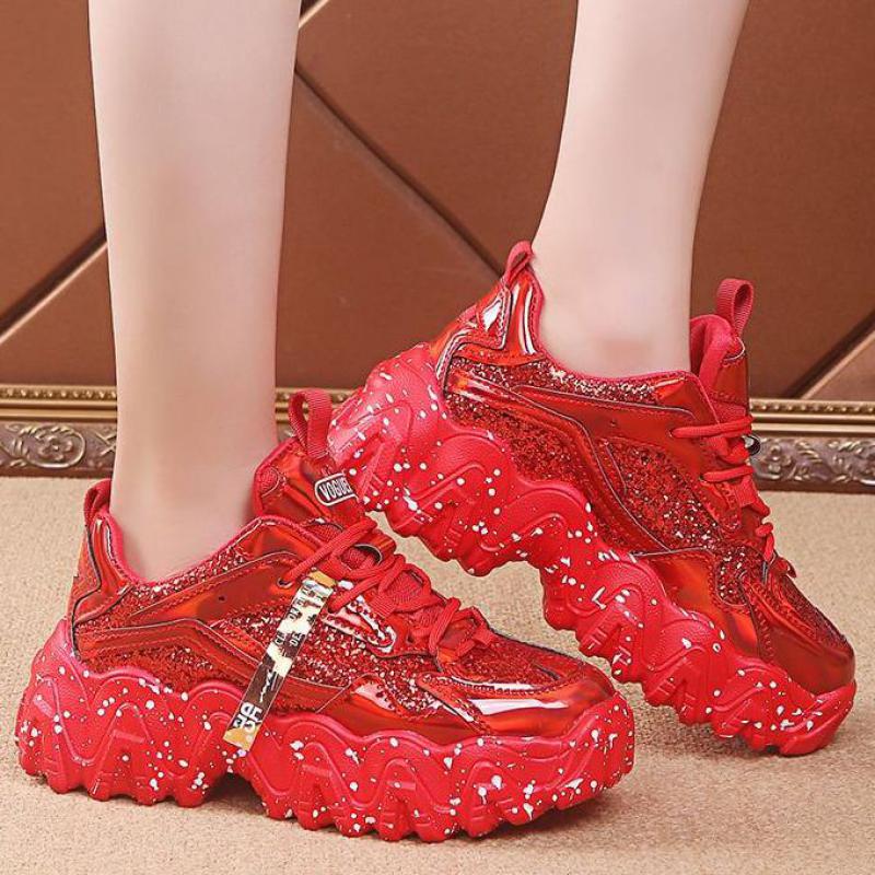 Red Leather Winter Platform Sneakers Women Casual Shoes Thick Sole Chunky Sneakers Women Glitter Dad Shoes Zapatillas De Mujer