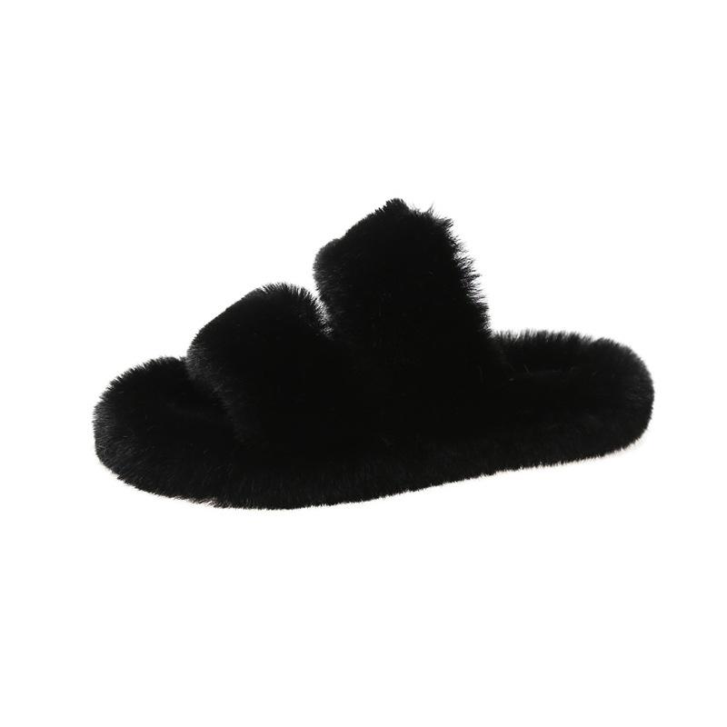 Internet Celebrity One-word Fluffy Slippers Women's Autumn 2025 New Popular Versatile Thick Bottom Heightening Plush Cotton Drag Outside Wear