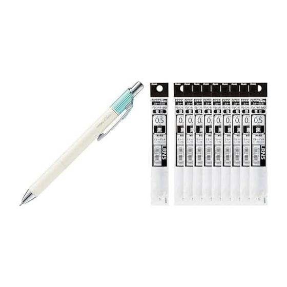Pentel EnerGel Clena Gel Pen BLN75LK-A, 0.5mm Mint Green, 10 Pens; EnerGel 0.5mm Refill XLRN5-A, Black, 10 Refills