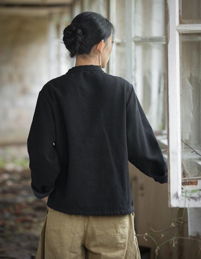 Johnature Women Chinese Style Fleece Shirts Solid Color Warm Tops Stand Long Sleeve Blouses Winter Vintage Button Shirt