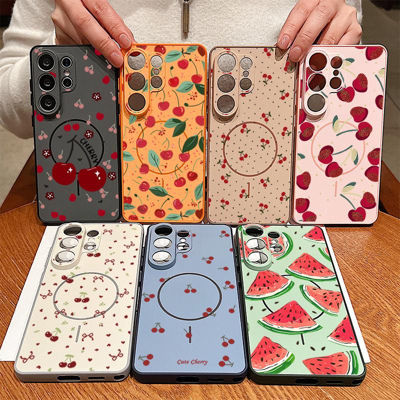 Magnetic For Magsafe Case For Samsung Galaxy S26 Ultra S25 Edge S24 Plus S23 FE S22 A17 A54 A55 A56 A57 5G Watermelon Cherry Fruits Pattern Cover