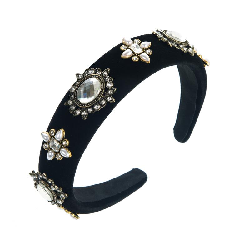 Women HairHoop Vintage Flannelette Inlaid Pearl Flower Headband Feminine High Quality Wide Edge Hair Accessories