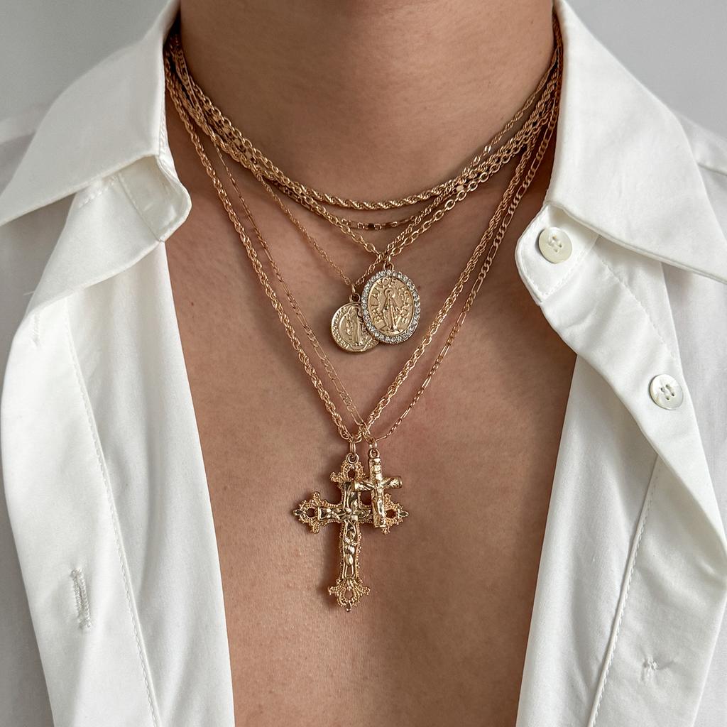 SHIXIN 6 Pcs/Set Hip Hop Jesus Cross Pendant Necklace for Men Punk Gothic Multilayer Stackable Choker Collar Chain Male Jewelry