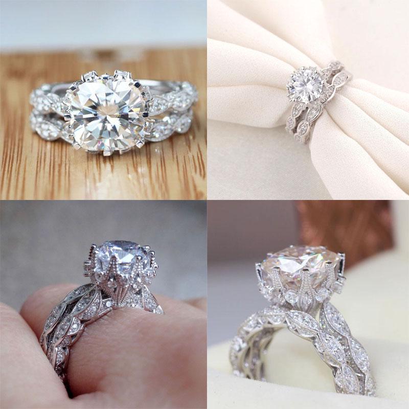 Style Round Antique White Sapphire Silver Plated Engagement Crown Set Ring