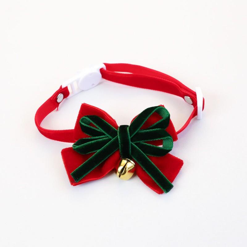 Adjustable Velvet Christmas Collar With Bow Bell Cats Dogs Holiday Pet Necklace