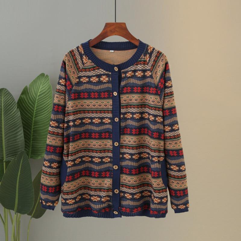 Middle-aged Elderly Spring and Autumn Sweater Knitted Cardigan Jacket Female Mother Embroidered Crew Neck Comfortable Top Old Lady