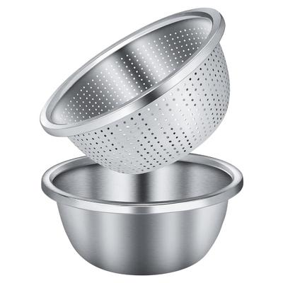2 Pcs Colanders Food Grade Stainless Steel Smooth Polished Anti-rust Hollow Drainage Mixing Bowl Strainer Kitchen Food Washing Vegetables Fruit