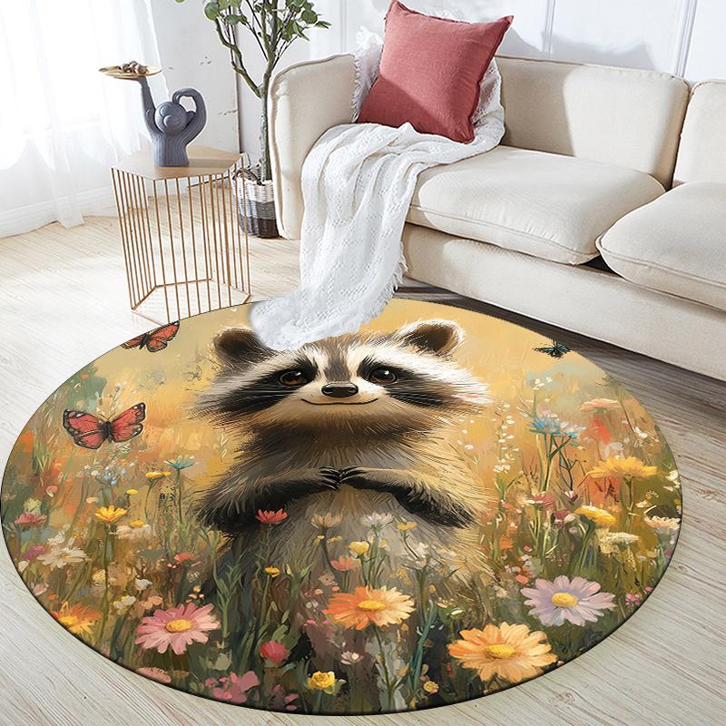 Raccoon and Flowers pattern round rug,Carpet Rug for Living Room Bedroom Playroom ,Non-slip Floor Mat,Holiday Gifts and Birthday Gifts.