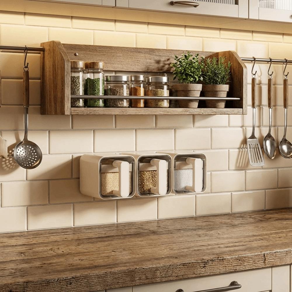 No Punch Spice Storage Rack Wall-Mounted Kitchen Seasoning Jar Easy Installation Salt Jars  Cooking