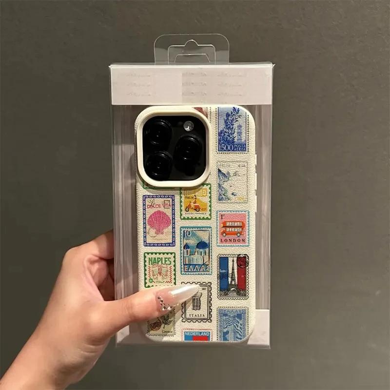 Cartoon Stamp Print Imitation Leather Phone Case for iPhone 17 Air 16 E 15 14 Plus 13 12 11 Pro Max XS Max Soft Silicone Cover