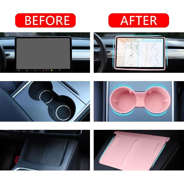 3PCS Center Console Accessories For Tesla Model Y -2024 And Model 3 - Cup Holder Ert, Screen Edge Protector Frame, Silicone Wireless Charger Mat,