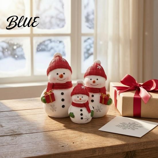 Mini Snowman Figurine Christmas Resin Figurine Cute Family of 3 Statue with Santa Unique Presents Hat Red Scarf Holiday Tabletop Ornament