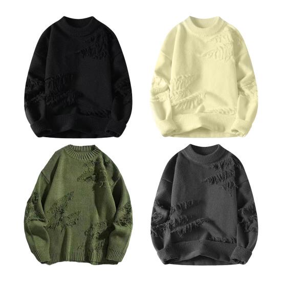 Men Winter Sweater Irregular Ripped Design Round Neck Knitted Loose Long Sleeves Thick Sport Daily Wear Sweater