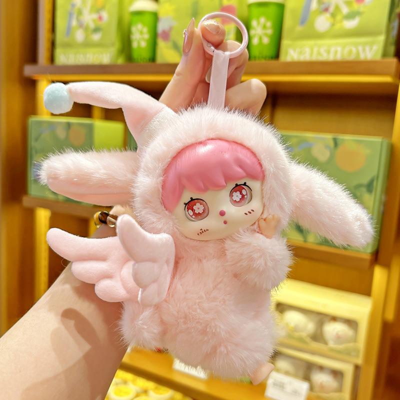 Fluffy Angel Bunny Keychain Plush Toy Pendant Cute Soft Vinyl Doll for Kids Birthday Present
