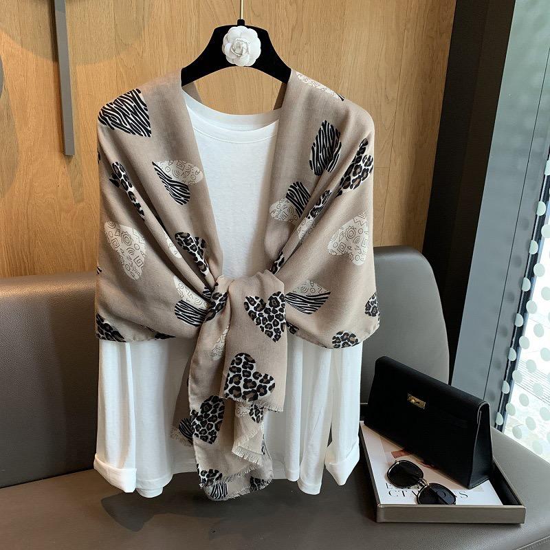 Winter Leopard Dot Heart Printed Fringe Viscose Soft Scarf Cotton Shawls Women Perfect for Travel Casual Muslim Hijab 180*90Cm
