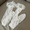 Womens Japanese Sheer Flower Lace Fishnet Thigh High Stockings Sweet Layered Ruffle Trim Frilly Over Knee Long Socks