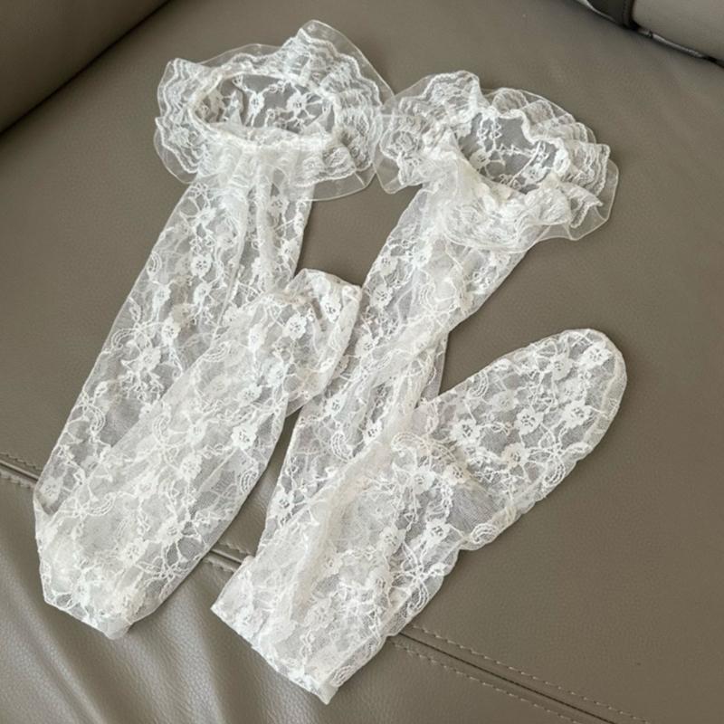 Womens Japanese Sheer Flower Lace Fishnet Thigh High Stockings Sweet Layered Ruffle Trim Frilly Over Knee Long Socks