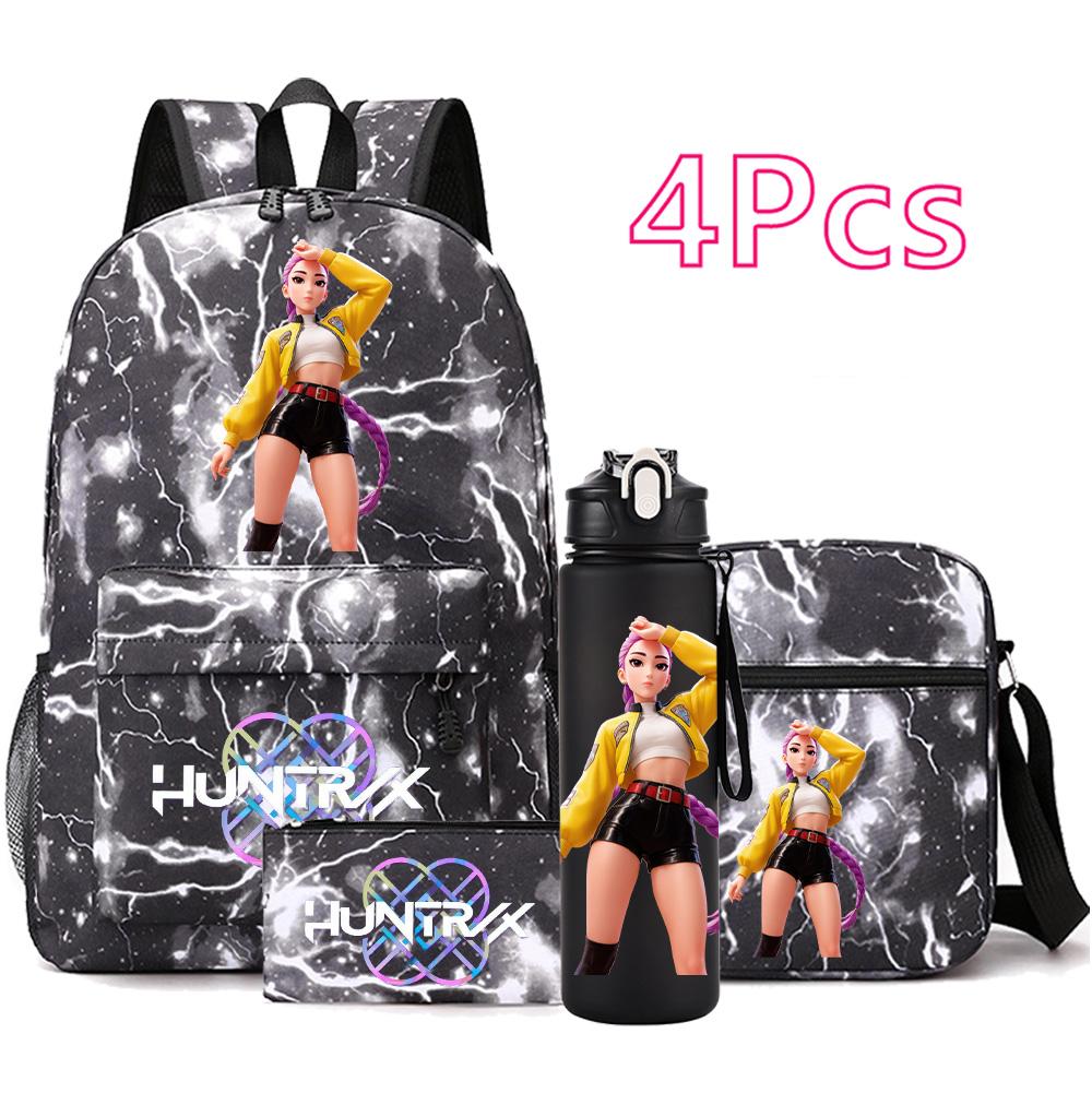 4Pcs/set Anime Cute KPop Printed Backpack with 750Ml Water Bottler for Teenager Student Girl Boy Bookbag Kid Gift Large Capacity Waterproof Travel Bag