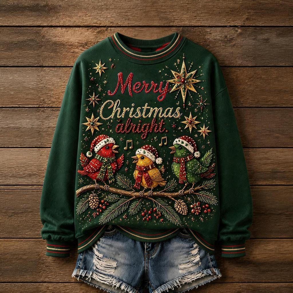 Women's Christmas Print Round Neck Long Sleeve Pullover Top for Holiday Casual Wear