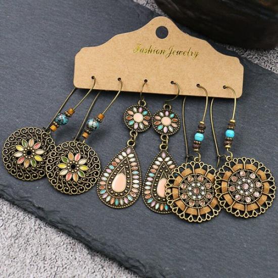 3 Pairs Boho Gypsy Earrings Tribal Ethnic Tassel Turquoise Ear Hook Drop Dangle₊