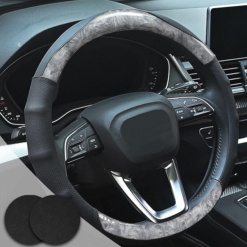 Wood Grain Steering Wheel Cover Car Steering Wheel Covers 14.5-15 Inch With Coasters Microfiber Leather Splicing Breathable Anti-Slip Durable