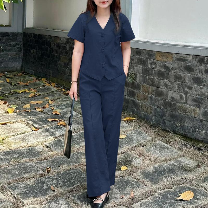 

ZANZEA Женская блузка с коротким рукавом и брюки Летние комплекты-двойки 2XL тёмно-синий