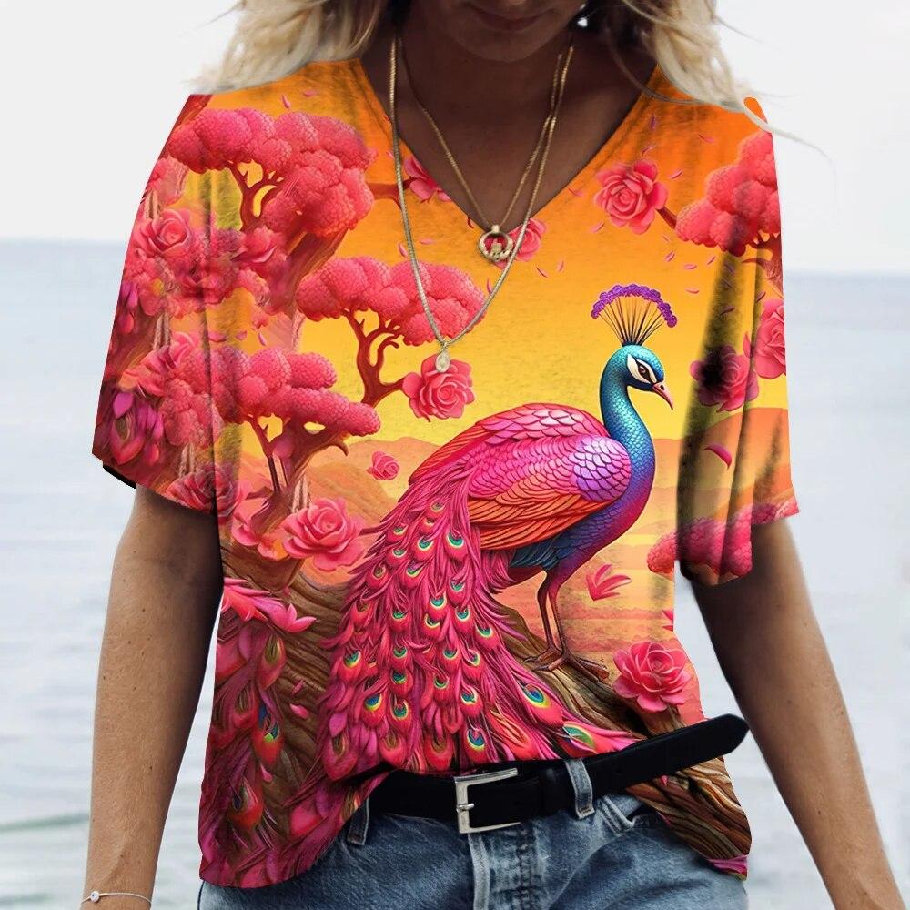 Women's V-Neck T-Shirt Peacock 3D Print Casual Fashion Summer Pullover Short Sleeve Harajuku Oversized Tops Tees For Ladies