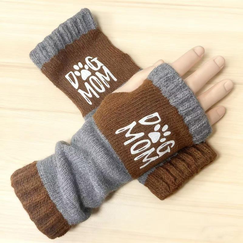 Gants en tricot sans doigts avec broderie de chat et patchwork, Gants décontractés ouverts aux doigts tendance pour femme, Mitaines chaudes d'hiver sans doigts