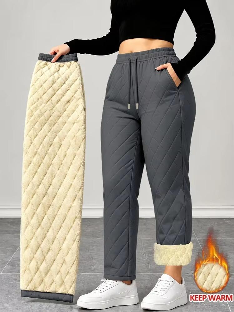 Winter Quilted Rhombus Plush-Lined Pants Women Thickened Draping Outer Wear Cold-Proof Trousers Fleece Lined Long Parkas Pants