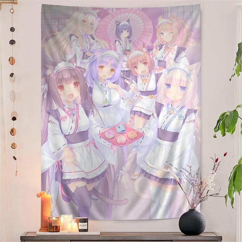 

VIKAMA Nekopara Гобелен Девушка-Кошка Аниме Отклеивающийся Настенный Декор Цветочный Подходит Для Общежитий И Спален 74x94cm(29x37in)