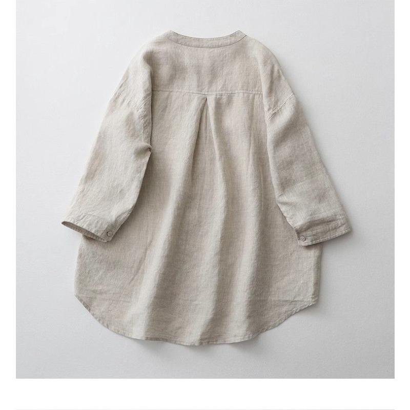 Japanese Cotton and Linen Shirt Women's Solid Color Versatile Casual Round Neck Seven Quarter Sleeved Shirt