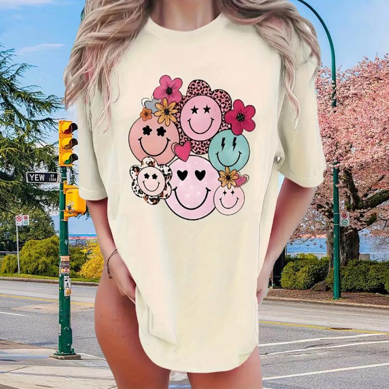 

Модная женская футболка с принтом смайликов, забавная повседневная футболка с короткими рукавами и круглым вырезом, летняя женская футболка XL бежевый