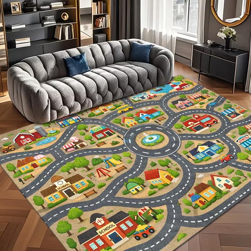 Cartoon Town Road Car Play Area Rug Non Slip Floor Mat Village Pond Vehicle Print Soft Play Carpet Bedroom Indoor Game Mat