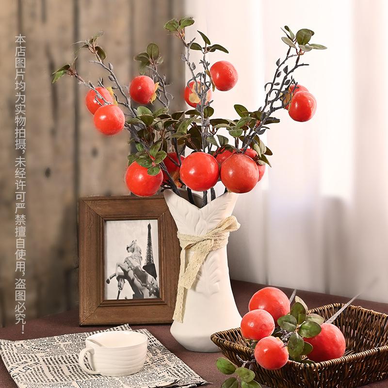 Simulated Persimmon Single Branch Multi-Headed Persimmon Lemon Apple Branch Fake Flower Decorative Fruit Tree Fake Fruit Berry