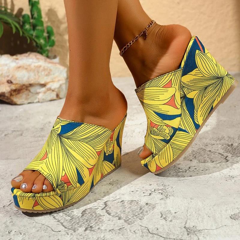 Colorful Graffiti Wedge Heel Sandals for Women Summer Peep Toe Chunky Platform Slippers Woman Thick Bottom Beach Sandals