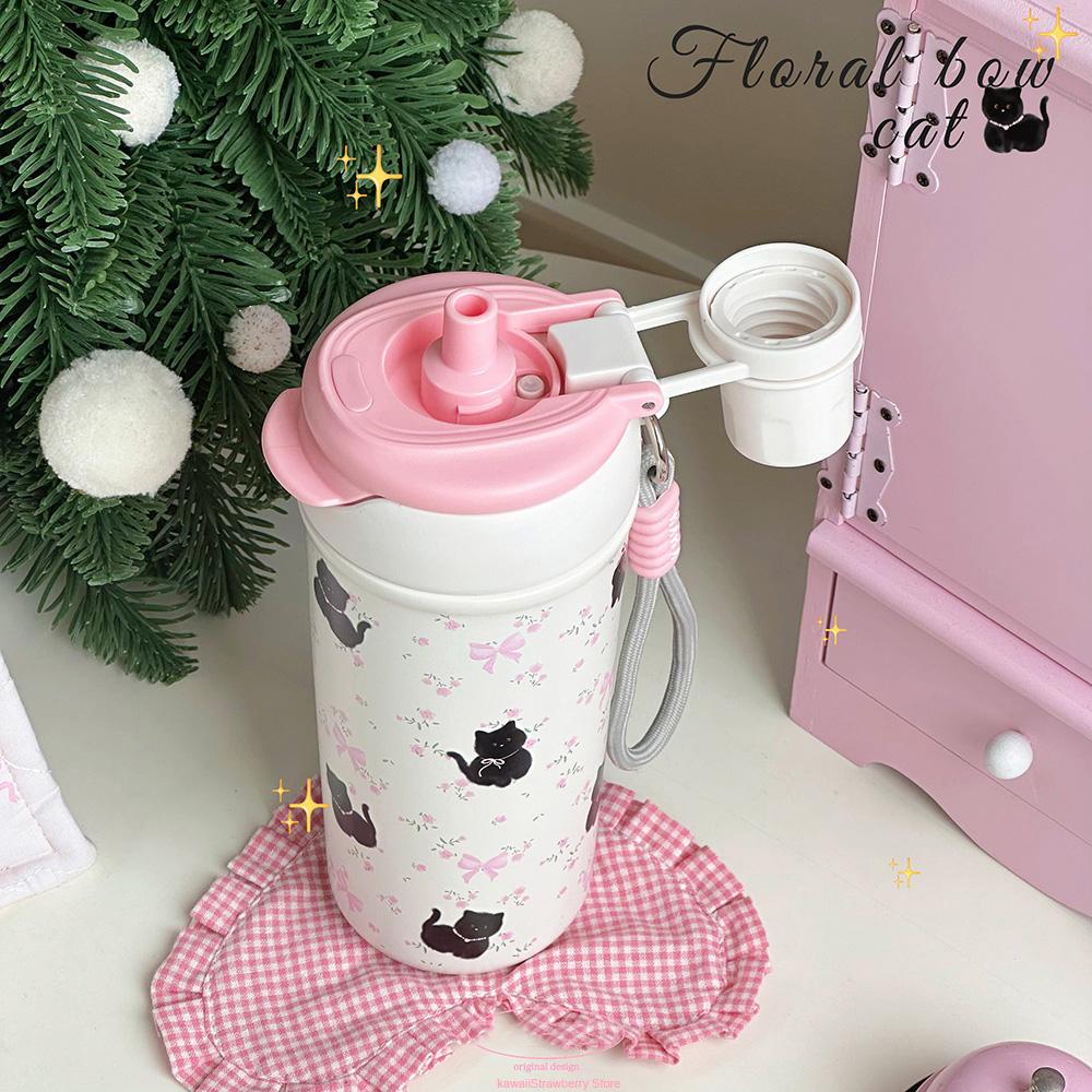 Cute Cat Bow Insulated Water Bottle With Straw Filter 500ml Stainless Steel Leak-Proof Thermos Kawaii Cat Bow Cups for Girl Kids