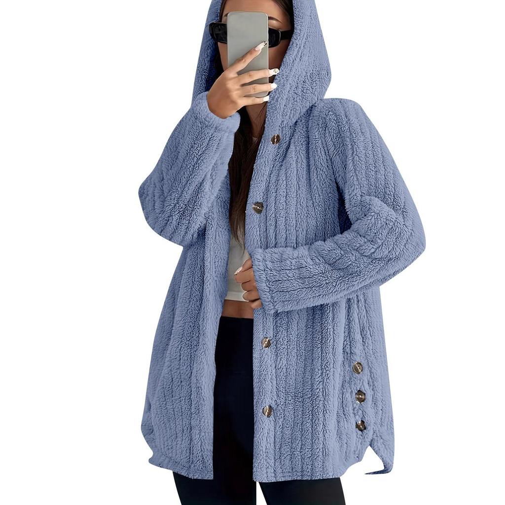 Button Hooded Jacket Plush Top Irregular Trendy Solid Color Jacket For Women Feather Coats Parkas Women'S Coat Winter Jack