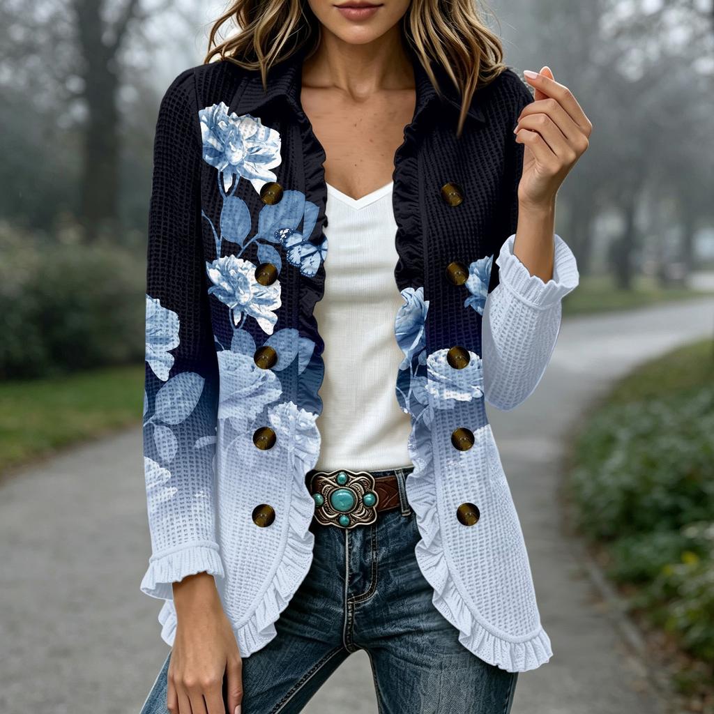Women's Fashion Floral Print Long Sleeve Ruffle Open Front Cardigan for Casual Wear