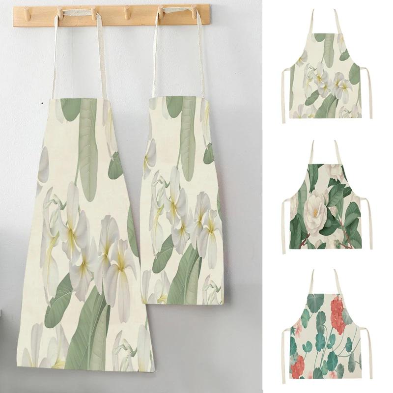 Home Plant Flower Printed Linen Kitchen Apron for Women Home Cooking Baking Waist Bib House Accessories Cleaning Tool Aprons