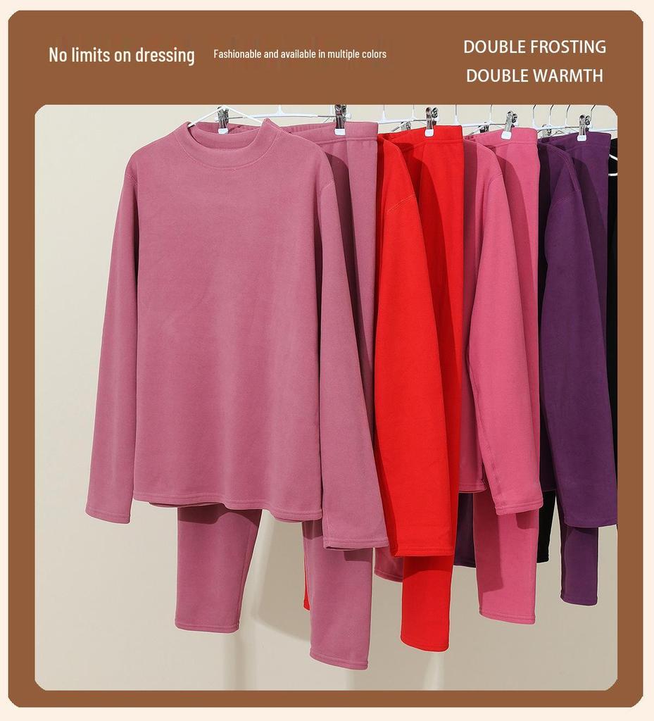 Women's Plus Size Fleece-Lined Lambswool Dralon Crew Neck Warm Underwear Set for Winter Cold Protection