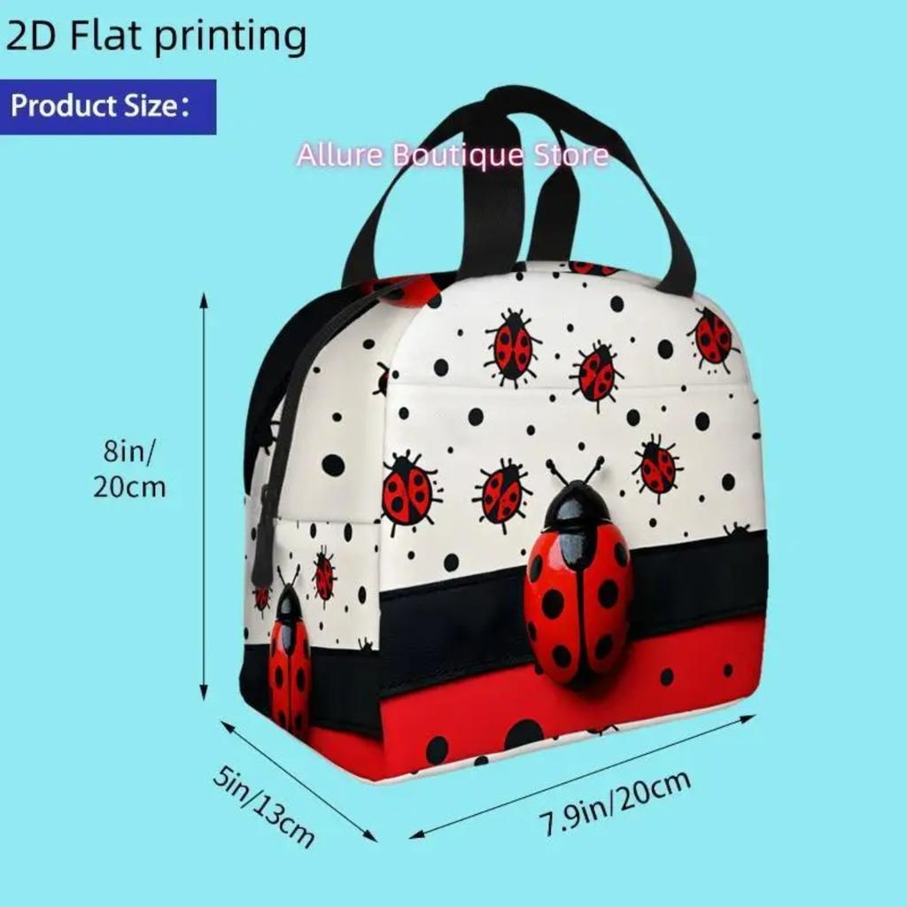 A 2D Flat-Printed Bag Featuring a Ladybug Design with Fun Polka Dots And Bright Colors. This Insulated Cooler Bag Is Reusable An