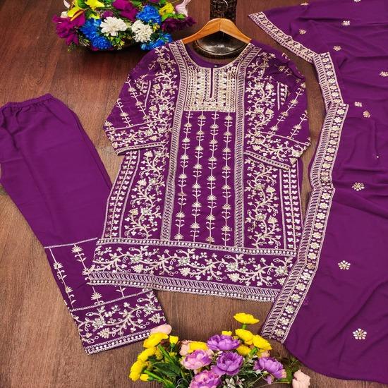 **Elegant Purple Georgette Embroidered Straight Kurta Pant Set with Dupatta**