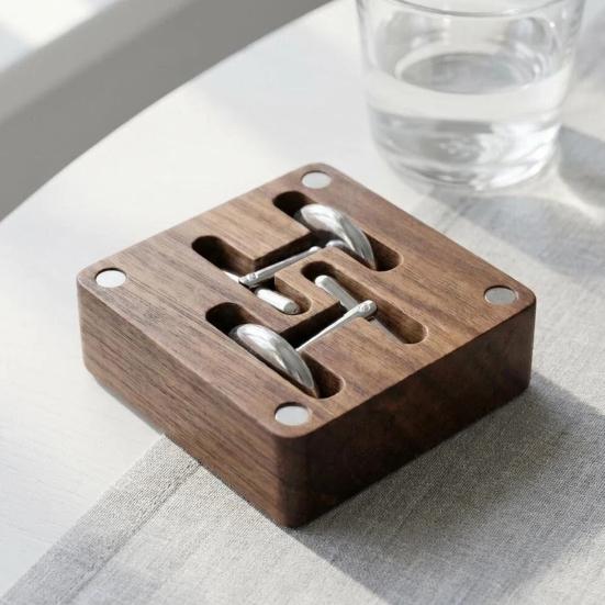 Walnut Cufflink Box Solid Wood Magnetic Closure Storage Case for Men Small Jewelry Organizer